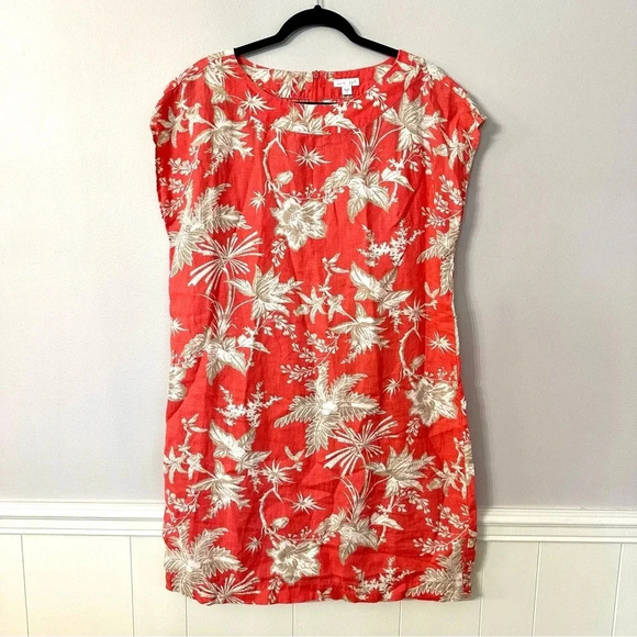 J. Jill Women's 100% Linen Floral Shift Dress in Coral with Cap Sleeves Sz M GUC - Picture 2 of 9